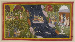 Tilføj 15296 (1) f.69r, Bharadvaja, til højre i hans eremitage, rådgiver de rejsende om vejen til Citrakuta. I midten krydser de Yamuna på en improviseret tømmerflåde, hvor Sita igen beder til flodens gudinde om en sikker tilbagevenden, og på af Indian School