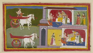 Tilføj 15296 (1) f.72r, Til venstre vender Sumantra tilbage til Ayodhya og går ind i paladset for at give Ramas sidste besked til kongen, som sidder med Kausalya og Sumitra ved siden af sig. Kongen falder i svime og bliver fanget af Sumantra og dronningern af Indian School