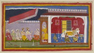Tilføj 15296 (1) f.76r, Dasaratha ligger på sin seng i sit kammer, de to dronninger siddende ved siden af ham, alle tre i en samtaleholdning, mens de forsøger at trøste hinanden. Uden for lokalet er brahminer og ministre i samtale med Sumantra. Det af Indian School
