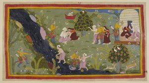 Tilføj 15296 (1) f.79r, Dasaratha fortæller dronningerne om hændelsen i hans ungdom, da han ved et uheld dræbte en vismands søn under jagt. Til venstre retter Dasaratha fejlagtigt sin bue gennem træer mod den unge, som fylder sin vandkande på den anden af Indian School