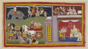 Tilføj 15296 (1) f.84r, Budbringerne, i et øvre kammer, beder prinserne om at vende tilbage til Ayodhya. Nedenfor i tronsalen, klædt på til rejsen, siger prinserne deres farvel til kong Kaikeyi og hans søn Yudhajit. De sidder ude i en vogn med m af Indian School