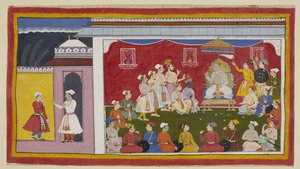 Tilføj 15296 (1) f.8r, Dasaratha sidder på sin trone i fuld durbar, med Rama og Laksmana knælende ved siden af ham, mens budbringeren sendt af Bharata fra sin bedstefars hof fortæller Sitae-kongen, hvor flittigt hans to andre sønner studerer. En ring på ca af Indian School