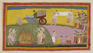 Tilføj 15296 (1) f.93r, Dasarathas lig er blevet fjernet fra kedlen med olie og er nu bragt på et kuld, båret af fire mænd, til den brændende grund på bredden af floden Saray?. Den er indledt af en tyrevogn læsset med træ og efterfulgt af th af Indian School