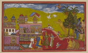 Tilføj 15296 (2) f.14r, Sugriva og hans allierede er kommet til Balis palads ved Kiskindha. Sugriva brøler sin udfordring til en sådan effekt, at fuglene falder ud af himlen i forskrækkelse. Bali, hans dronning Tara og hans ministre er dukket op efter at h af Indian School