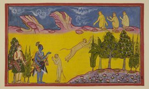 Tilføj 15296 (2) f.3r, Sugriva er først bange og tænker, at disse bevæbnede krigere er blevet sendt af hans tilranende bror Bali for at ødelægge ham. Han sender sin kloge minister Hanuman for at finde ud af mere om de to fremmede. Hanuman præsenterer sig s af Indian School