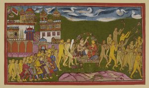 Add 15296 (2) f.43r, Sugriva og Laksmana transporteres i et gyldent kuld, båret af aber, fra Kiskindha af Indian School