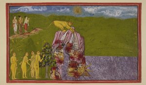 Tilføj 15296 (2) f.81r, Ved bredden af det store hav var aberne forfærdede over, hvordan de kunne krydse det for at nå La?k?. Angada spurgte dem alle, hvor langt de kunne springe, men ingen var sikker på at springe så langt, indtil Jambavan opfordrede Hanu af Indian School