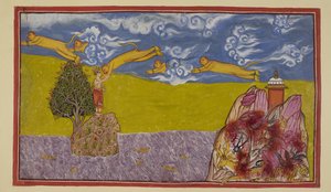 Tilføj 15296 (2) f.84r, Uberørt af havets bredde, svulmer Hanuman sig op til en enorm størrelse og ved at bruge det stadig brændende bjerg Mahendra som affyringsrampe kaster han sig ud i rummet og over havet til øriget La ?k?. The Ocean encoura af Indian School