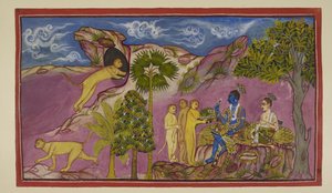 Tilføj 15296 (2) f.9r, Sugriva fortæller Rama, at han har set Sita blive båret op i en vogn af Ravana, kæmpende og råbt navnene på Rama og Laksmana. Da hun så ham nedenunder, lod hun sine juveler og en overdel falde ned. Sugriva løber til en hule i af Indian School