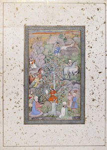 Alexander stiller spørgsmålstegn ved filosoffen, lægen og bægeret, ca. 1610 (ugennemsigtigt wc & guld på papir) af Indian School
