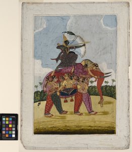 En elefant, sammensat, lavet af dansende kvinder, tjener som et monteringssæt til en bueskytte, ca. 1825 (ugennemsigtig akvarel og guld på papir) af Indian School