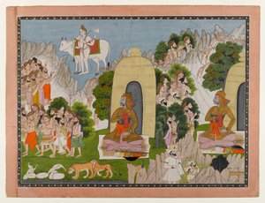 Arjunas Penance, scene fra en Mahabharata-serie, ca. 1825-40 (wc & guld på papir) af Indian School