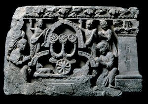 Art of Gandhara (eller græsk-buddhisme): "" Buddha i bøn"" miraklet Sravasti (Shravasti eller Savatthi) (Praying Buddha, Sravastis mirakel) Relief af Gandhara-skolen - 2. til 4. århundrede - Indian Museum, Calcutta Indien af Indian School