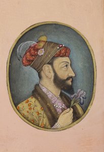 Aurangzeb Bahadur holder en iris, ca. 1650 (ugennemsigtigt wc & guld på papir) af Indian School