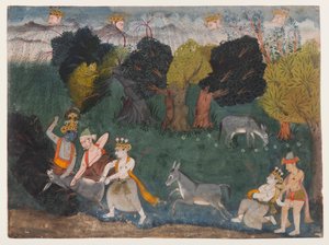 Balarama Kills the Ass Demon, Side fra en Dispersed Bhagavata Purana Series, ca. 1725 (ugennemsigtig akvarel og sølv på papir) af Indian School