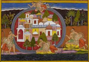 Bali og Rāvaṇa udfører ritualer, flyver sammen og nærmer sig Kiṣkindhā. af Indian School