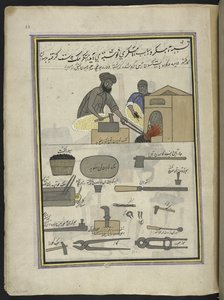 smede,  86 tegninger indbundet i et bind, der viser håndværk og erhverv i Kashmir, håndværkere vises i arbejde med deres redskaber og udstyr,  Af en Kashmir-kunstner, sandsynligvis i Srinagar, ca. 1850-60 (gouache på papir) af Indian School