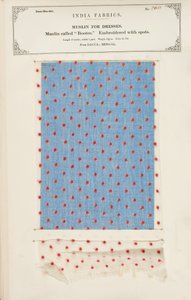 Bootee muslinprøve broderet med pletter fra Dacca i Bengal, fra The Collection of the Textile Manufacturers of India, af John Forbes Watson, udgivet i 1866 af Indian School
