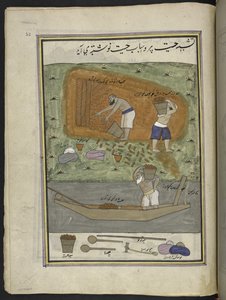 Murstensmagere med ovn og båd til transport af mursten,  86 tegninger indbundet i et bind, der viser håndværk og erhverv i Kashmir, håndværkere vises i arbejde med deres redskaber og udstyr,  Af en Kashmir-kunstner, sandsynligvis i Srinagar, ca. 1850-60 af Indian School