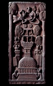 Buddhisme: "" Mahaparinirva a ou parinirvana, afslutningen på Buddhas jordiske eksistens, når nirvanaen"" (Parinirvana, sidste nirvana, som opstår ved døden af Buddhas krop) detail du stupa de Bharhut (Barhut, Barouth) Lav relief af sort af Indian School