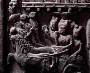 Buddhisme: "" Prasenjits sidste besøg i Buddha" (Prasanjits sidste besøg i Buddha) detail du stupa de Bharhut (Barhut, Barouth) Lavt relief af sort sten, 2. århundrede f.Kr. (2. århundrede f.Kr.) - Kolkata, indisk museum af Indian School