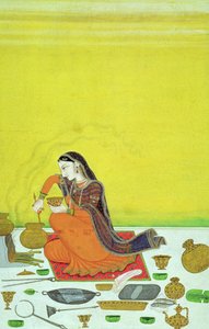 CBL In 11B.30 A Lady Prepares a Meal, miniature fra en Bhagavata Purana-serie, Kangra, ca. 1810 af Indian School
