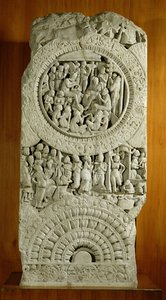 Udskæring, der viser en historie fra Jatakas, Amaravati (kalksten) af Indian School