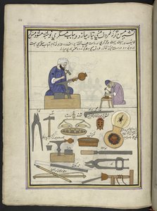 Kobbersmede fremstiller kobberkar,  86 tegninger indbundet i et bind, der viser håndværk og erhverv i Kashmir, håndværkere vises i arbejde med deres redskaber og udstyr,  Af en Kashmir-kunstner, sandsynligvis i Srinagar, ca. 1850-60 (gouache på papir) af Indian School