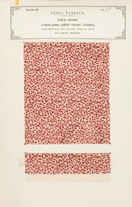 Bomuldsprøve med et chetee (chintz) print fra Arcot i Madras, fra The Collection of the Textile Manufacturers of India, af John Forbes Watson, udgivet i 1866 af Indian School