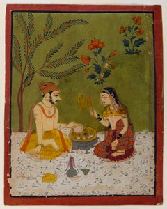 Par siddende under et træ, ca. 1700 (wc & guld på papir) af Indian School
