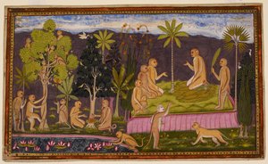 Dadhimukha informerer Sugrīva om hændelsen i Madhuvana og viderebringer hans anmodning om at se Hanumān og Aṅgada. af Indian School