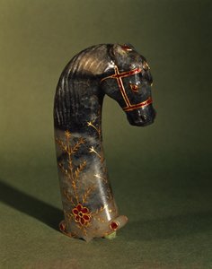 Dolkskaft i form af et hestehoved, Mughal, ca. 1658-1710 (jade indsat med guld og rubiner)