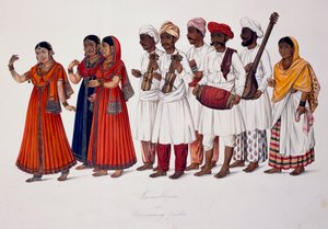 Dansende piger og musikere, ca. 1828 (farve litho) af Indian School
