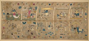 Das Avatars (Ti Avatarer af Vishnu) (silke og metalliske tråde broderet på bomuldsgaze) af Indian School
