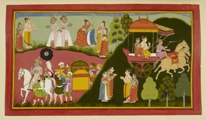 Dasaratha og hans dronninger vender tilbage til Ayodhya og efterlader Rishyasringa og Shanta. af Indian School