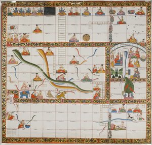 Design til spillet Snakes and Ladders, 1800 (gouache på papir monteret på stof) af Indian School