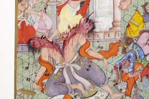 Detalje fra Krishna Spalter Dæmonen Narakasura med sin Discus, ca. 1585-90 (ugennemsigtigt wc & guld på papir) af Indian School