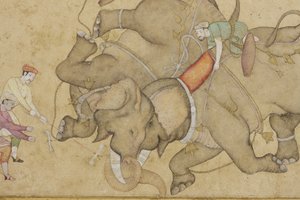 Detalje fra en elefantkamp med blomster-arabesk på kanten, ca. 1610 (ugennemsigtigt wc & guld på papir) af Indian School