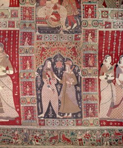 Detalje af et vægophæng dekoreret med europæiske figurer (malet bomuld) af Indian School