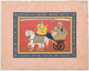 Dialog mellem Krishna og Arjuna på slagmarken i Kurukshetra, ca. 1820 (ugennemsigtig akvarel og guld på papir) af Indian School