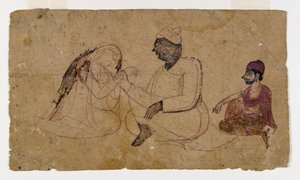 Tegning af tre siddende figurer, ca. 1750 (blæk og farve på papir) af Indian School