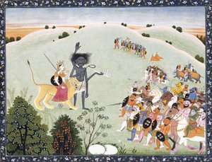 Durga og Kali står foran den fremadstormende hær af dæmoner, ca. 1800-1820 af Indian School