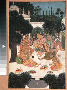Otte kvinder og et barn på en paladsterrasse, ca. 1760 (ugennemsigtigt toilet på papir) af Indian School