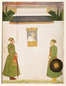 Kejser Aurangzeb ved et jharokha-vindue med to adelsmænd i forgrunden, ca. 1710 (uigennemsigtigt wc-guld på papir) af Indian School