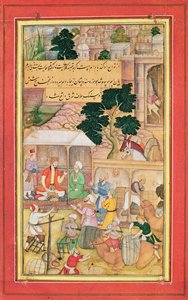 Kejser Babur (r.1526-30) i samtale med en gammel mand, 15.-17. århundrede af Indian School