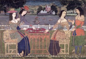 Europæere frisker sig op på en balkon, Mughal, muligvis Deccan (ugennemsigtigt toilet på papir) af Indian School