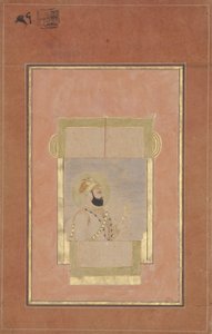 Farrukh Siyyar siddende ved et vindue, med en guldsarpech, ca. 1715 (ugennemsigtigt wc & guld på papir) af Indian School