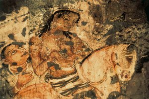 Figur af en kvinde på ryggen af en hest, Vægmaleri i Ajanta-hulerne (nummer 1), Gupta-perioden, 5.-6. århundrede (maleri) af Indian School