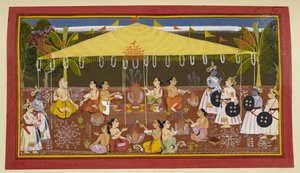 Figurer under en gul baldakin af Indian School