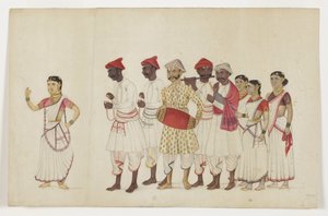 Fire kvindelige dansere i procession med musikere, ca. 1830 (ugennemsigtigt wc & guld på papir) af Indian School